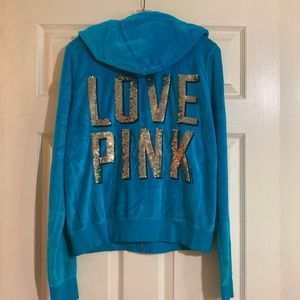 SOLD - Victoria's Secret PINK Sequin Velour Blue Zip Up Hoodie Sweatshirt NWOT